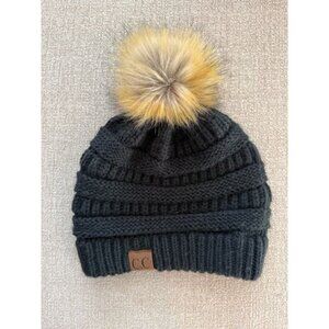 CC Black Knit Beanie With Faux Fur Pom-Pom For Adults